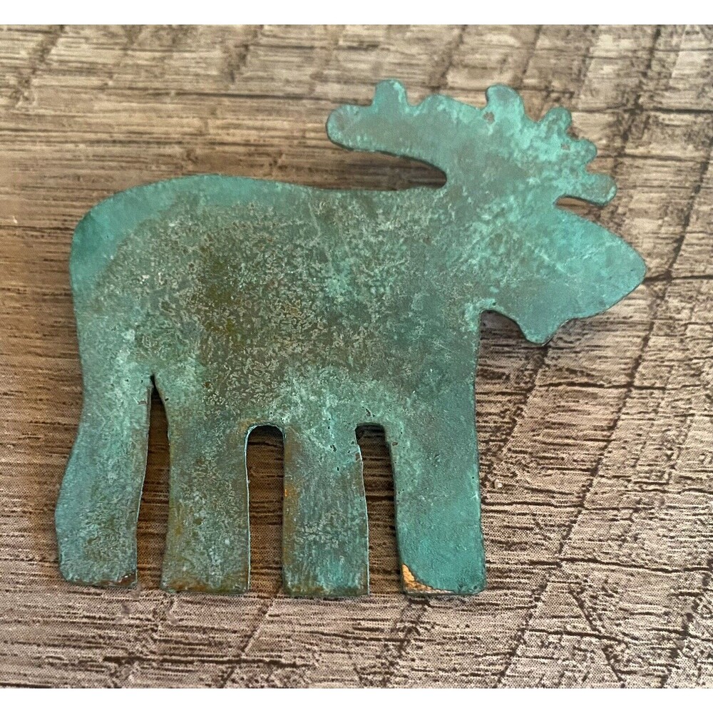 Women’s Brooch Green Metal Moose Signed 2”